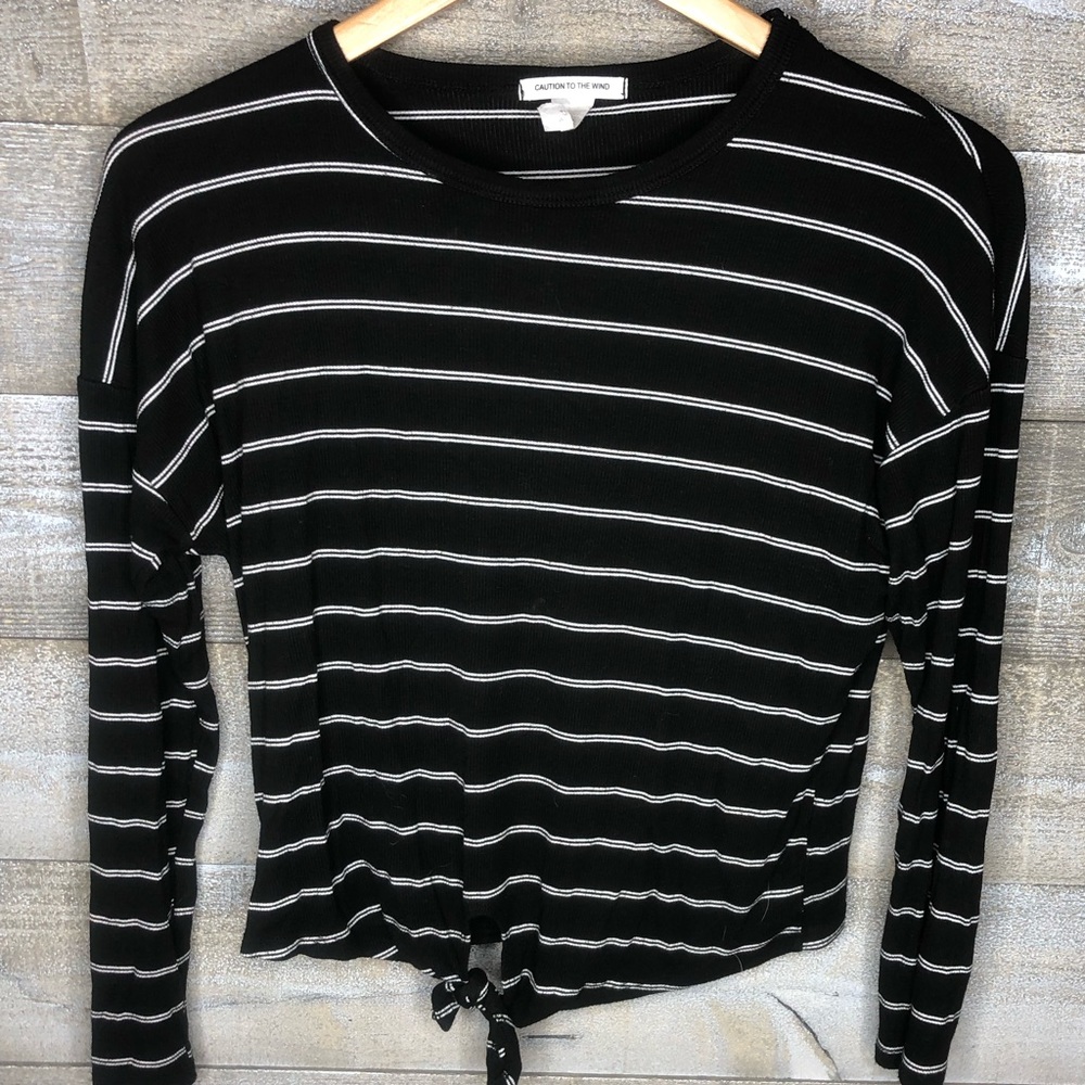 Caution to the wind black white striped tie front long sleeve shirt